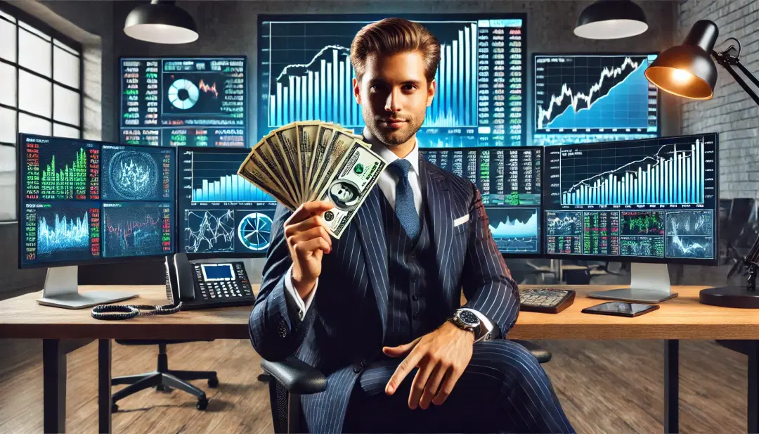 https://drive.gurucool.life/blogsImage/1722487339913.DALLÂ·E-2024-08-01-09.47.26---A-confident-man-in-a-suit-sitting-in-front-of-computer-screens-displaying-stock-market-charts-and-graphs,-holding-a-fan-of-dollar-bills-in-one-hand-an.webp